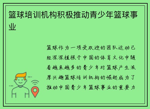 篮球培训机构积极推动青少年篮球事业