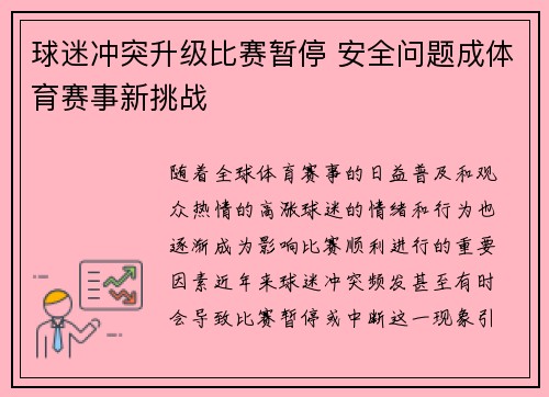 球迷冲突升级比赛暂停 安全问题成体育赛事新挑战