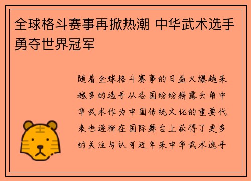 全球格斗赛事再掀热潮 中华武术选手勇夺世界冠军